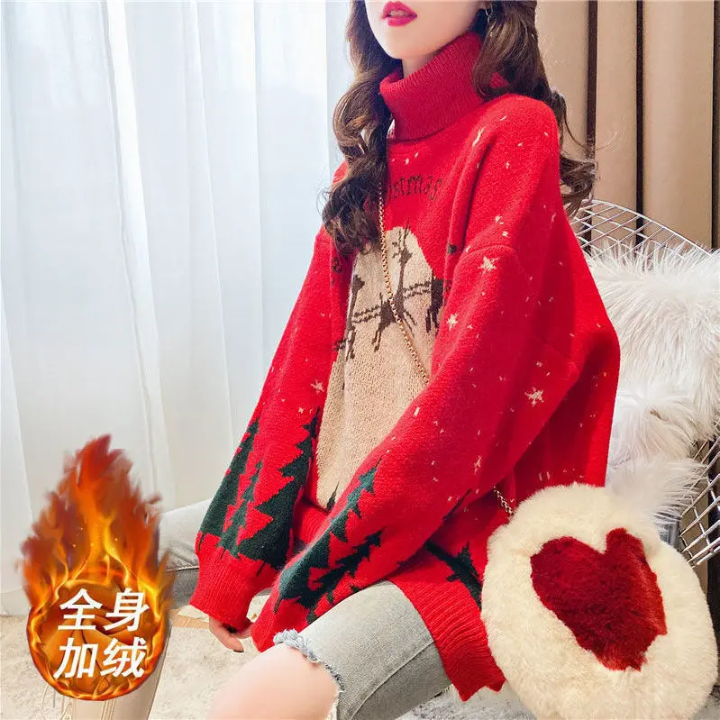 

Fleece Turtleneck Sweater Women 'S Thickened Pullover Autumn And Winter Korean Style Red Christmas Deer Loose And Lazy Style