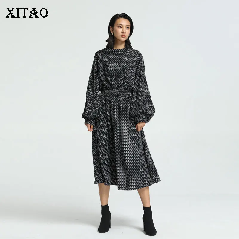 XITAO винтажное клетчатое платье Женская мода Новинка 2019 осень с рукавом-фонариком