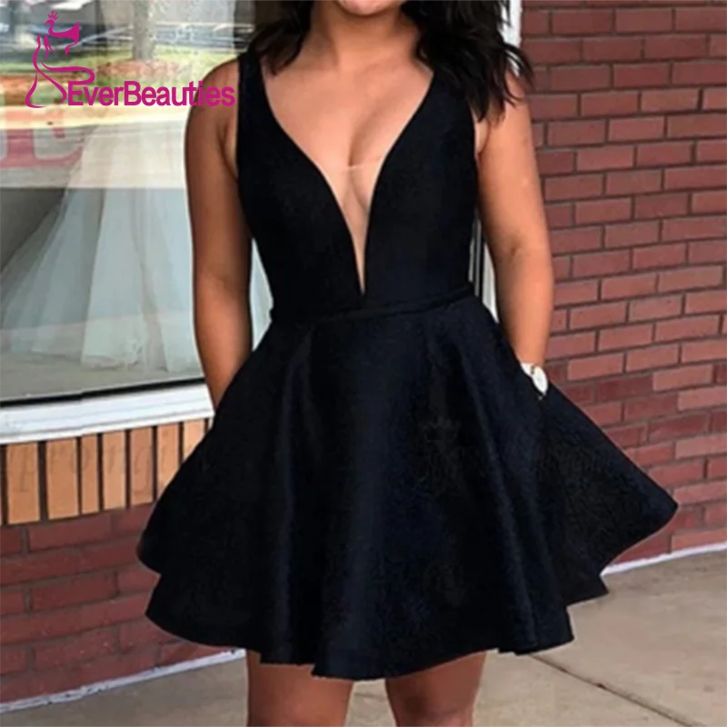 

Black Vestido Cocktail Short V Neck Cocktail Dresses Satin 2020 Backless Prom Party Dresses Robe Cocktail Vestidos De Festa