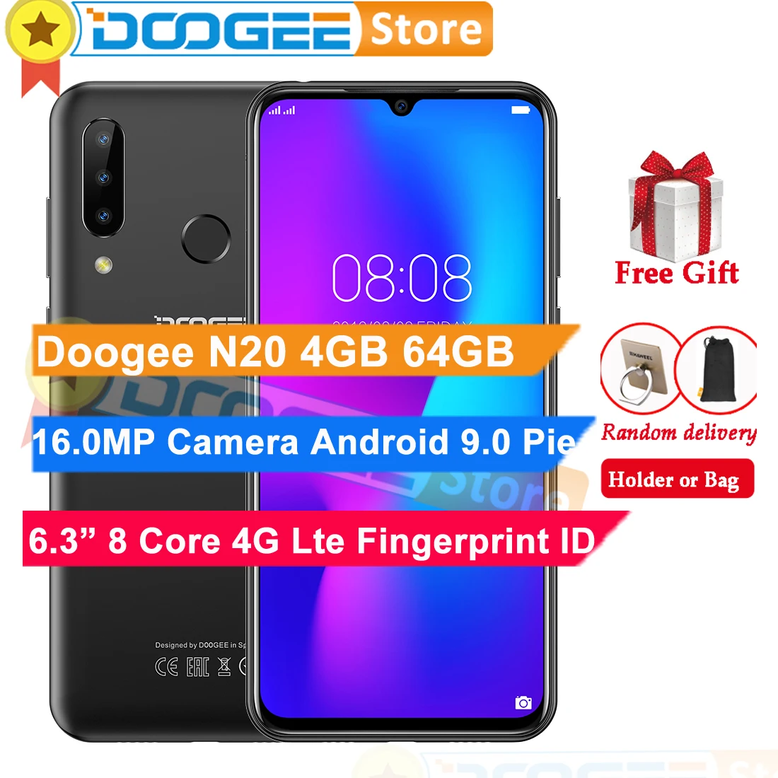 DOOGEE N20, 4G, 64 ГБ, 6,3 дюймов, экран в виде капли воды, 3, задняя камера, Android 9,0 Pie, четыре ядра, сканер отпечатков пальцев, ID, 4350 мАч, 4G, LTE, смартфон