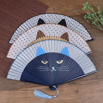 

Cartoon Cat Hand-painted cat Handle Fan Summer Silk Bamboo Folding Fan hand drawing Pocket Gifts Wedding Party Supplies