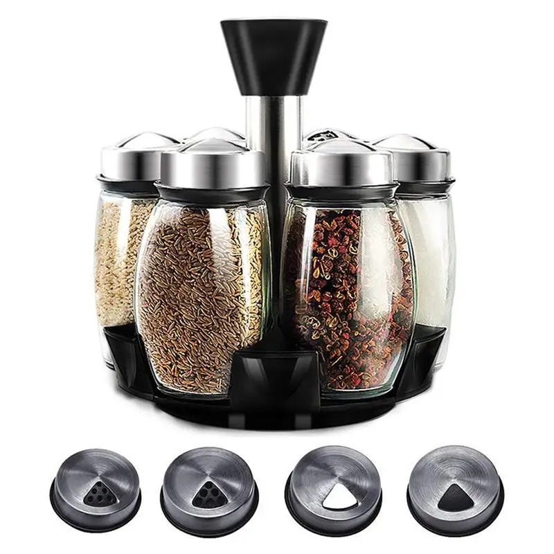 

Revolving Countertop Herb and Spice Rack with 6 Glass Seasoning Airtight Jar Container Bottles with Stainless Steel Lids with