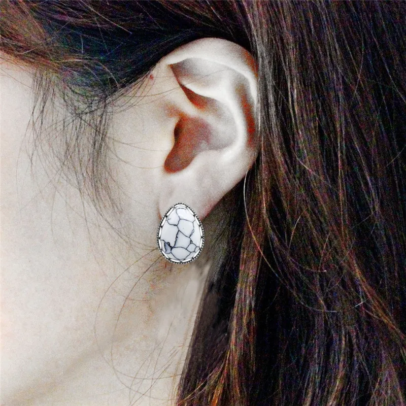 5 Colors Water Drop Stone Earrings Stud Vintage Lady Antique Silver Plated Push-Bback Earrings Fashion Jewelry TE509