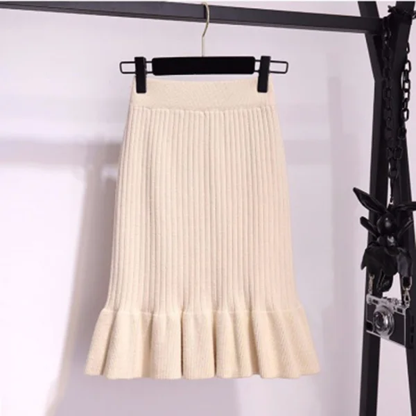 Beige 60cm Вязанная юбка-Русалка для офисной леди, Женская юбка миди, черная, высокая талия, одноцветная, с оборками, вечерние, для женщин, s, юбки,, Весенняя женская юбка - Цвет: Beige 60cm