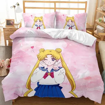 

New Kawaii Sailor Moon Bedding Set Cute Girl Kids Room Cartoon Duvet Cover Pink Bed Set 3PCS with Pillowcases King Queen Size