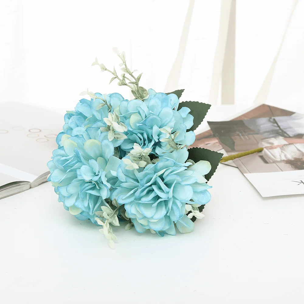 white blue Шелковый Куст гортензии x5 полный цветение грозди смешанные с листвой Свадебный букет ткань цветок в 5 цветов-12," высокий - Цвет: white blue