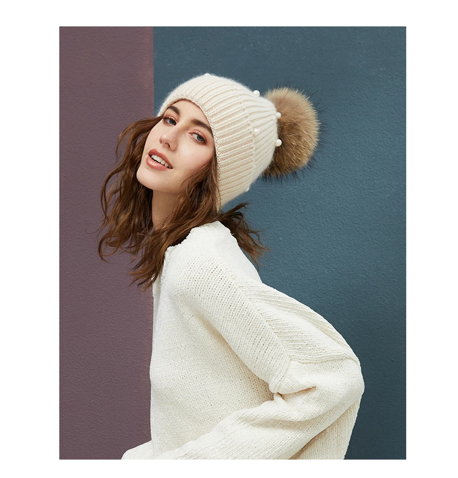 Зимняя женская шапочка, модные женские шапки с жемчугом, меховые шапки с помпоном, высокое качество, одноцветные шапочки, теплые вязаные шапки, шапка