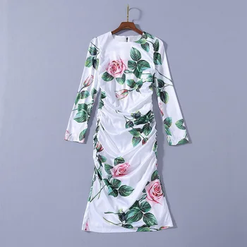 

European and American women's dress 2020 summer new styles Long sleeve round neck rose print Fashionable ruffled dress