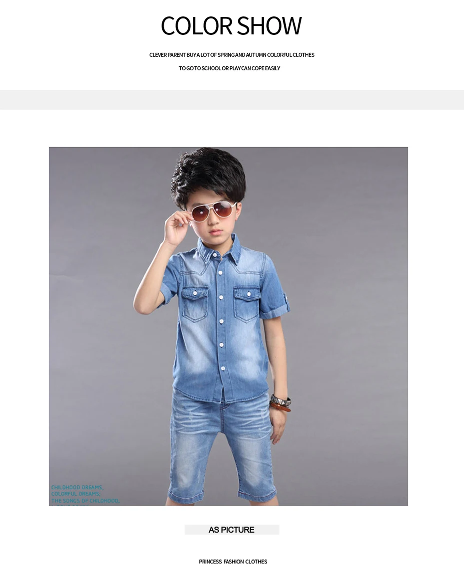 Летняя детская одежда Джинсовая блузка + легкие прямые повседневные брюки комплекты для мальчиков Подростковая детская одежда для