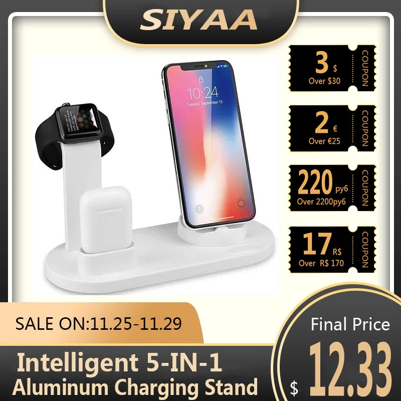 SIYAA 5 in 1 qi Wireless Charger Stand For iPhone 12 11 XR XS X 8 Fast Charging Dock Apple Watch 2 3 4 6 SE AirPods Pro | Мобильные