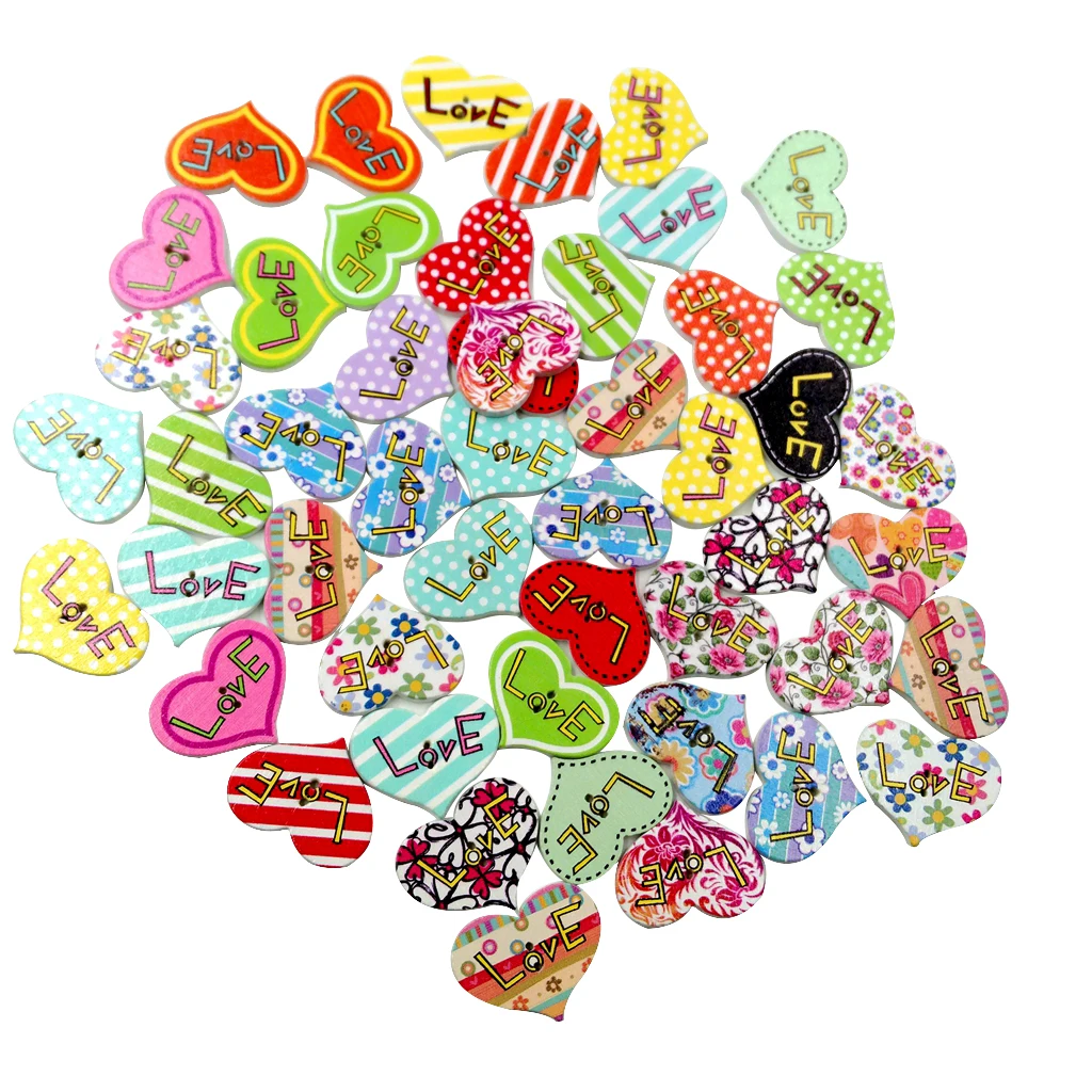 Botones de madera con forma de corazón impreso para niños, adornos para álbum de recortes, manualidades, decoración boda, 50 piezas|Botones| - AliExpress