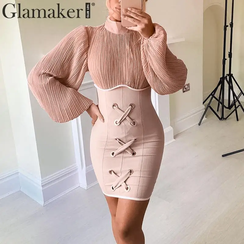 Женское облегающее платье Glamaker розовое трикотажное мини с длинным рукавом