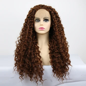 

150% Density Brown Curly Synthetic Lace Front Wigs with Middle Part for Black Women Glueless Realistic Daily Wear Makeup Wig