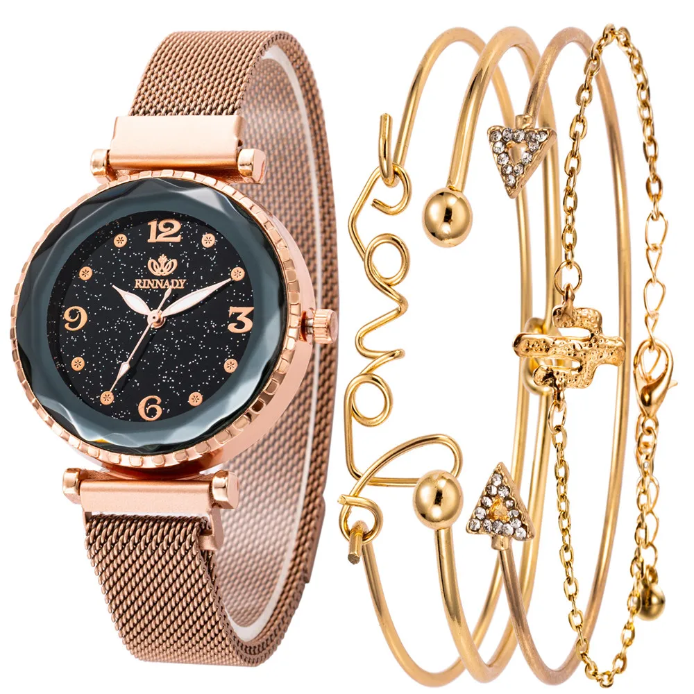 

2019 New Women Watch With 4 -Piece Bracelet Rhinestone Dial Fashion Quartz Watches Rose Gold Stainless Steel Band Wrist Watches