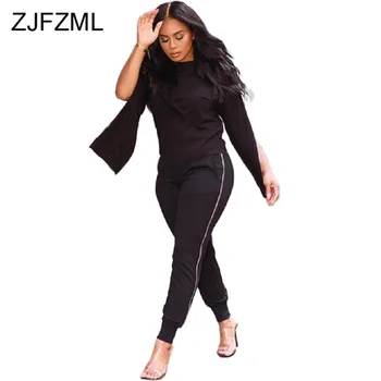 

Fall Winter Plush Sexy 2 Piece Tracksuit Women Round Neck Side Zippers Long Sleeve Crop Top and Long Pants Solid Matching Set