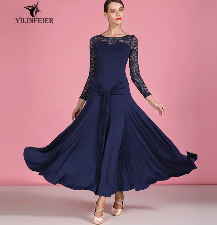 ballroom dance dress girl adult junior standard ballroom dance dress for ladies lace long sleeve lace navy blue s9064