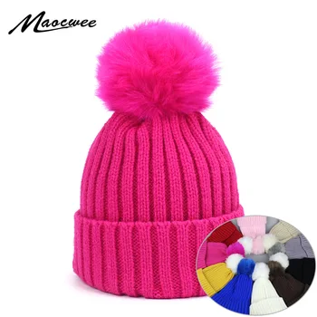 

Children Cap Women's Beanies Knitted Skullies Hats False Fur PomPon Hat White Autumn Winter Warm Pure Colour High Quality