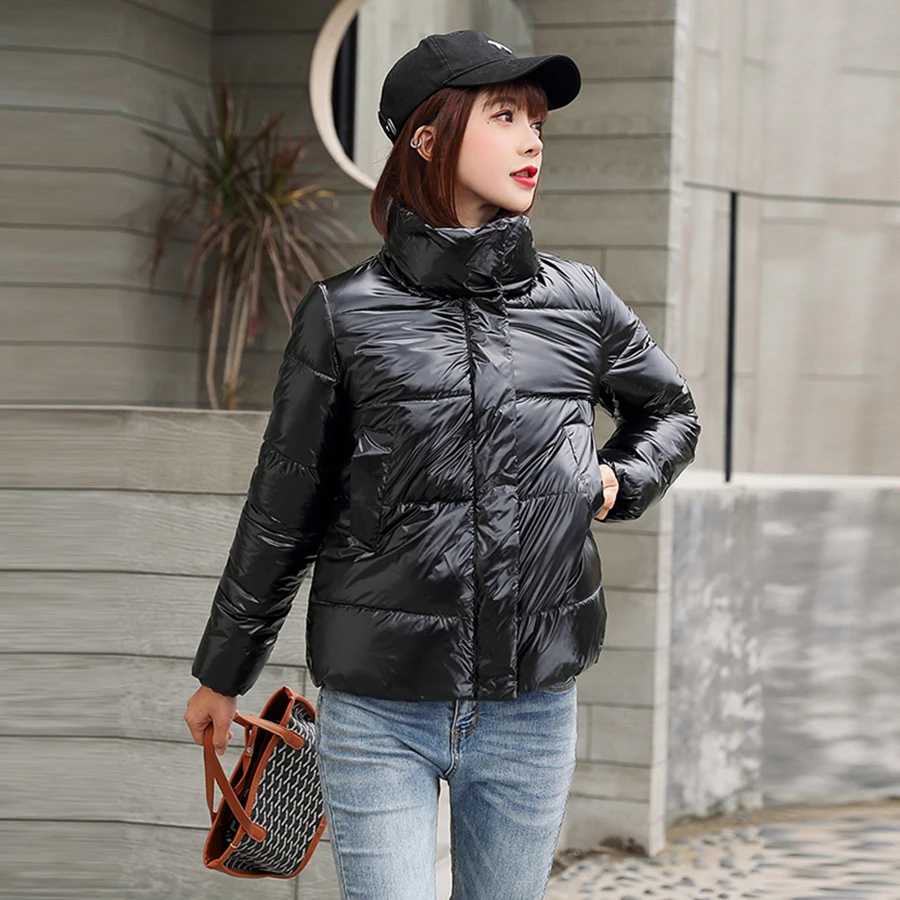 

Stand Collar Reflective Winter Jackets Women Solid Thicken Warm Cotton Coats Streetwears Female Fashion Glossy Short Parkas New