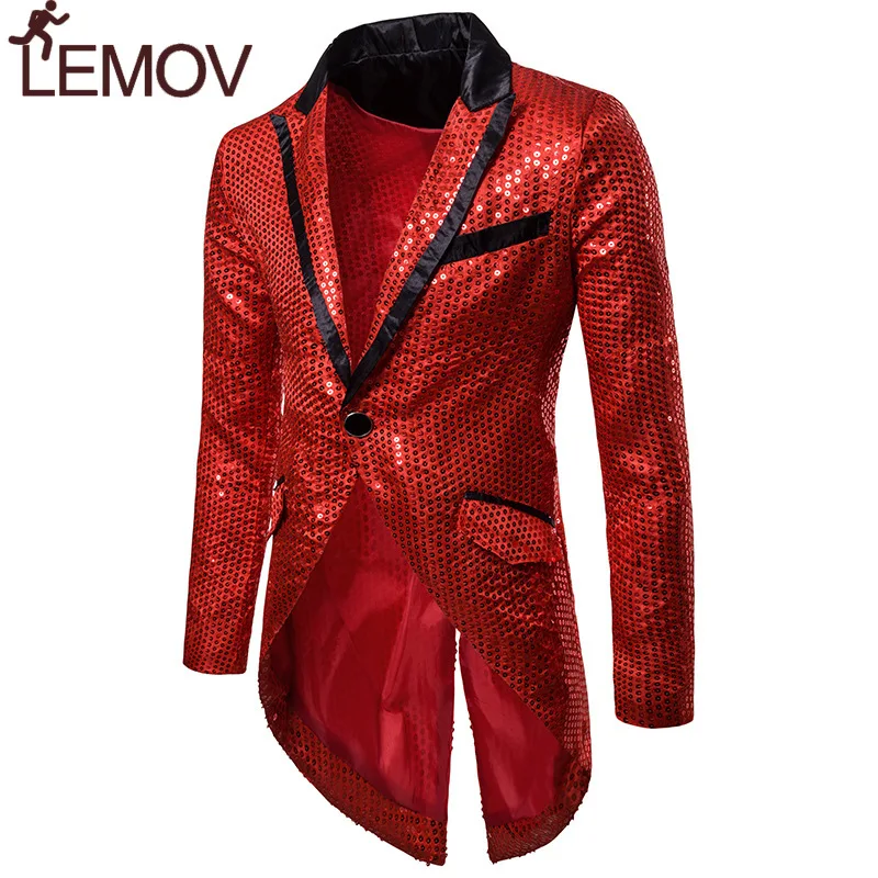 Mens Shiny Gold Sequin Glitter Tailcoat Jacket Brand New Slim Fit One Button Long Tuxedo Blazer Party Stage Singer Costume Homme