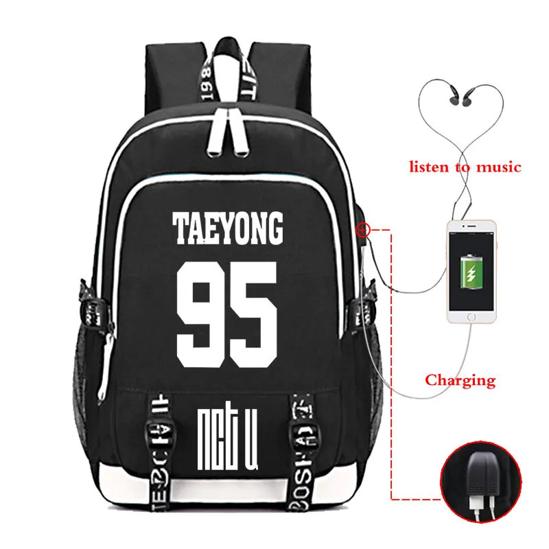 Black Taeyong Kpop NCT рюкзак Многофункциональный USB наушники с зарядным устройством Джек обратно в школу сумка Мода NCT 127 Kpop канцелярские товары Новые поступления - Цвет: Black Taeyong