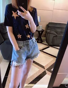 

French chic Women T-shirt 2019 Summer stars Sequin Dark Blue Cotton T-Shirt