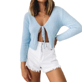 

Cardigan Lace Up V Neck Sexy Long Sleeve Slim Crop Top Autumn Women Club Party Chic Thin Plush Coat Jacket Female