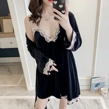 Женский сексуальный Бархатный комплект из 2 предметов, женский халат, кимоно, халат, домашняя одежда, зимняя теплая кружевная Лоскутная ночная рубашка