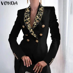 Vonda outono terno blazers feminino manga longa plissado casacos veste senhora vintage impresso duplo breasted lapela collar ol blazer