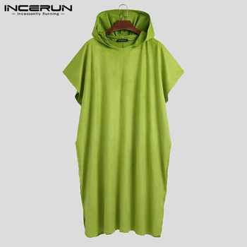 

INCERUN Men Robes Hooded Short Sleeve Comfortable Sleepwear Loose Homewear Solid Men Nightgown Leisure Beach Towel Bathrobes