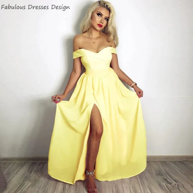 

Newest Yellow Off Shoulder Prom Dresses Long 2020 Chiffon A Line Split Vestido De Festa Evening Dress Party For Women