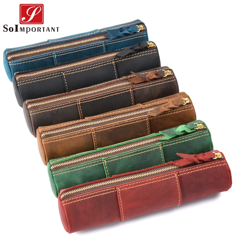 

Vintage Handmade Genuine Crazy Horse Leather Pens Pencil Bags Pouch Pocket Case Wallets Coin Purse Zipper Organizer Long Bags