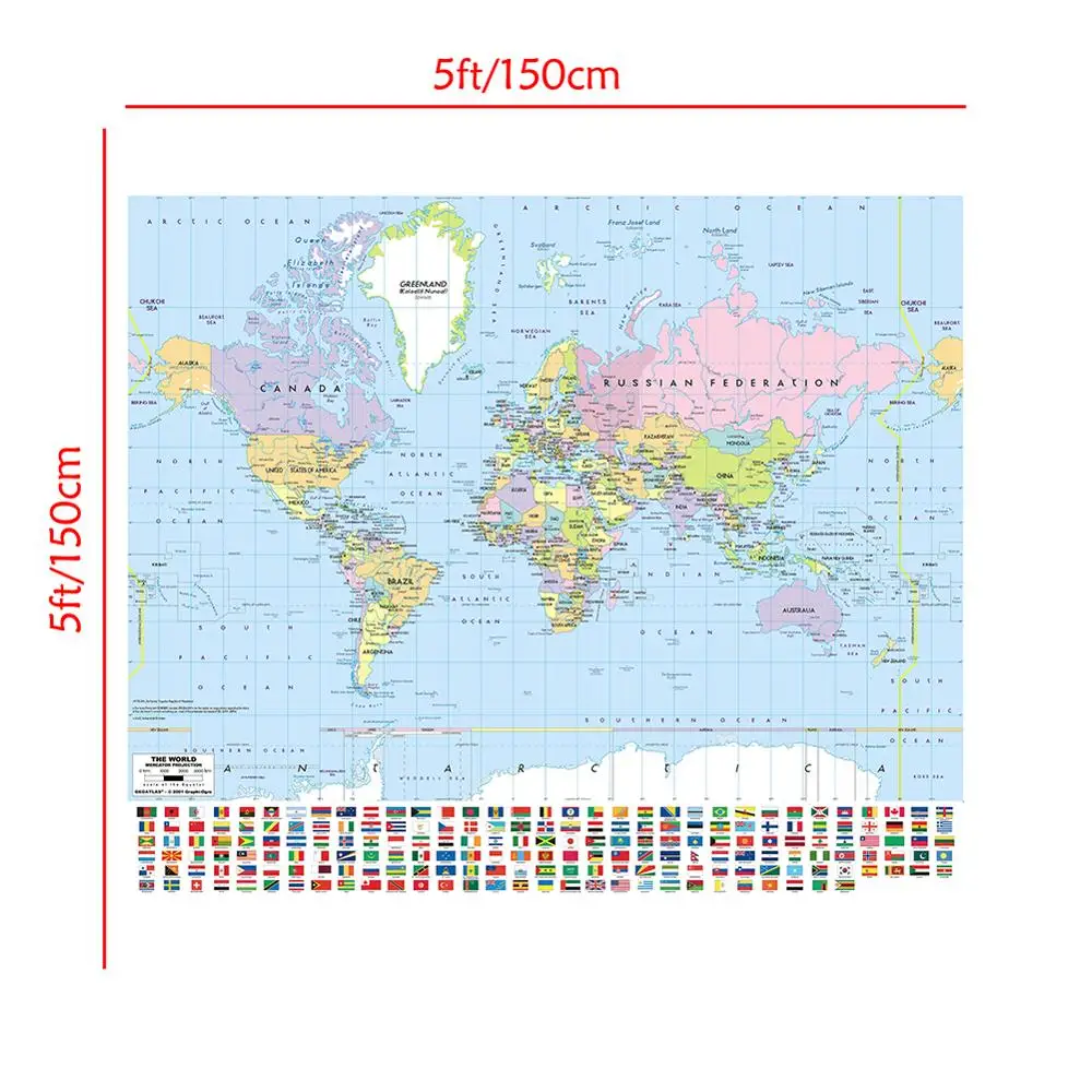 

150x150cm Mercator Projection Map Non-woven Vinyl Spray World Map with National Flag For Culture And Education