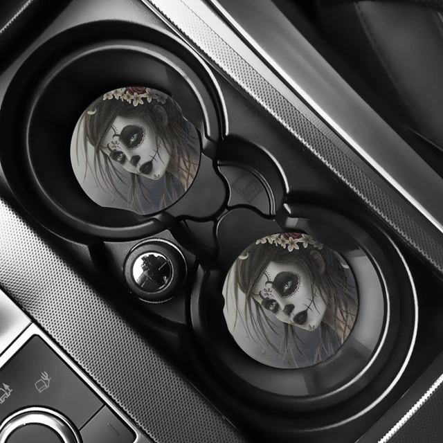 INSTANTARTS Day of the Dead Sugar Skull Prints Set of 2 Drink Cup Mat for Car Anit-dirt Car Cup Holder Coasters Drink Cup Mat D2