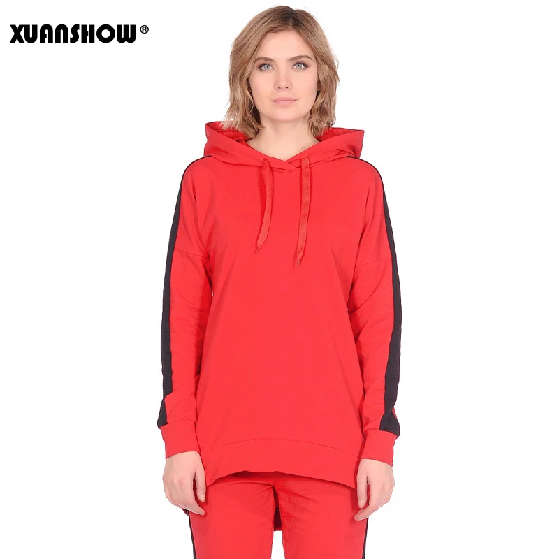 XUANSHOW New Autumn Winter Female 2 Piece Set Tracksuit For Women Long Sleeve Long Hoodies+Pants Two Piece Set Outfit Women Suit - Цвет: RedandBlack