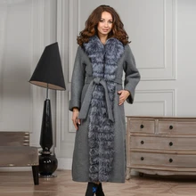 Длинное пальто из лисьего меха с поясом из натуральной черно-бурой лисицы с мехом Nizi Furclub