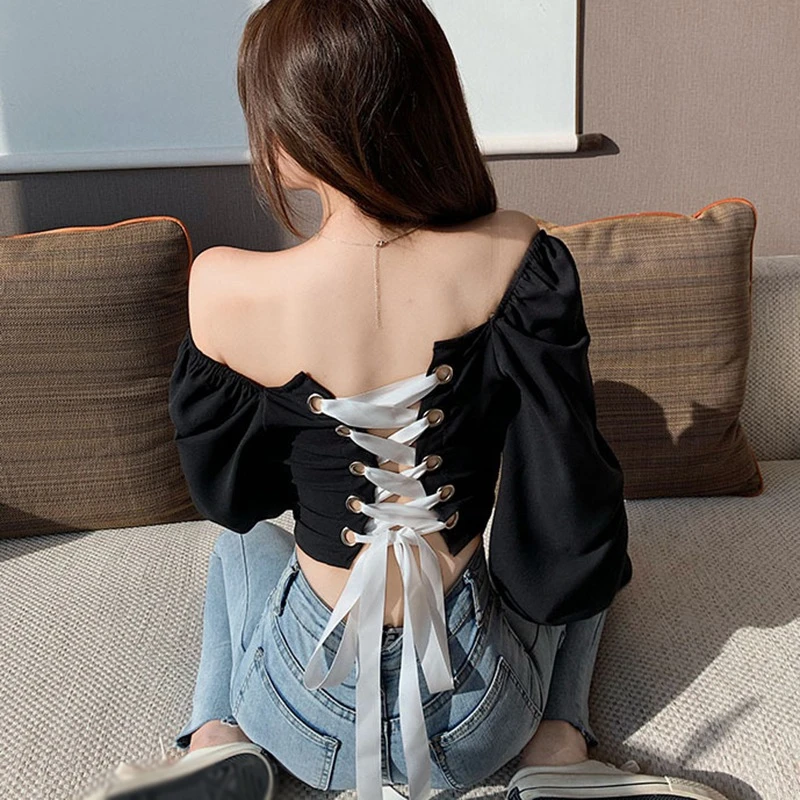 Korean Style Women's Blouses Cross Straps Sexy Slimming Bubble Long-sleeved Shirts Blouses Tops women's shirts & tops