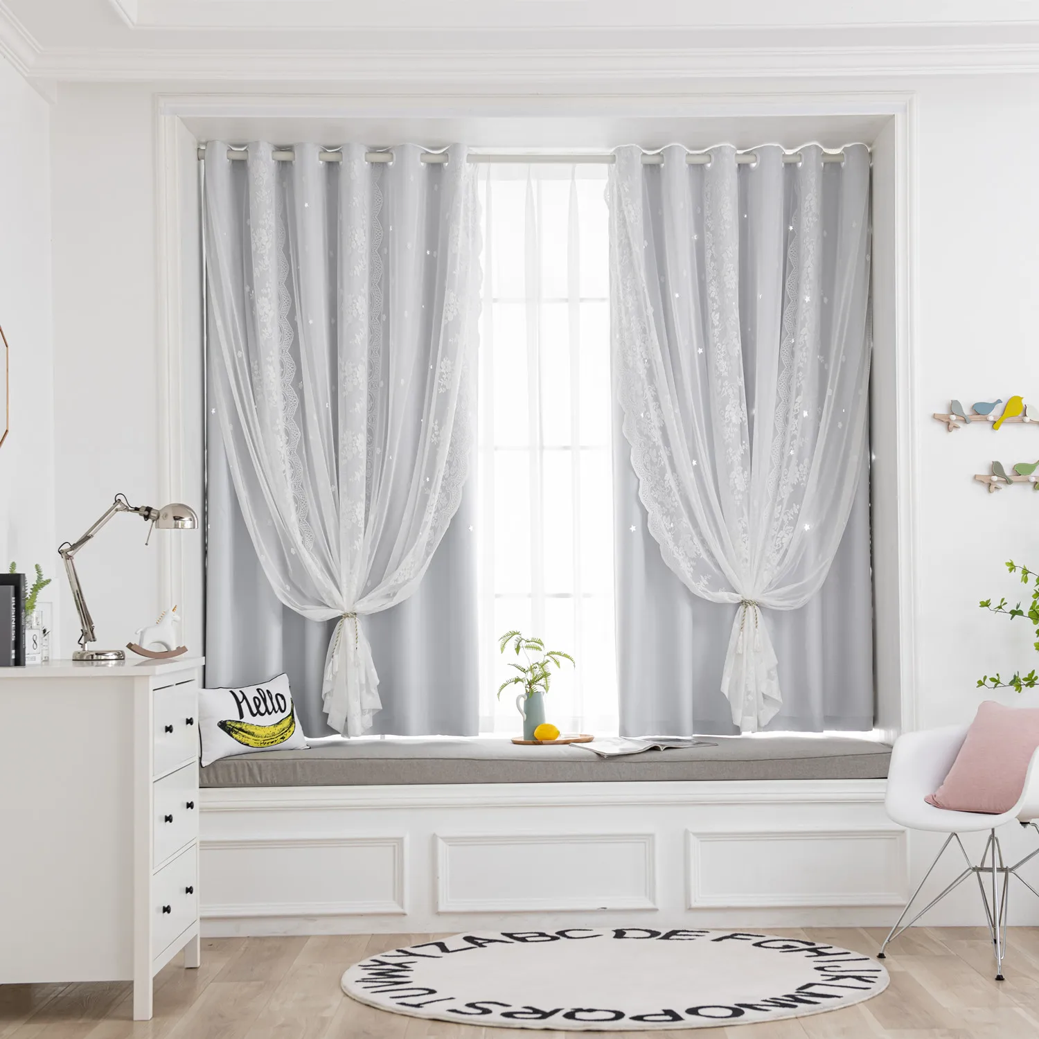 Curtains comfotable Romantic Double Blackout Curtains for Living Room 1 Piece Lace Polyester Fabric Hollow Star Decor Kids Bedroom Window Drapes New linen curtains