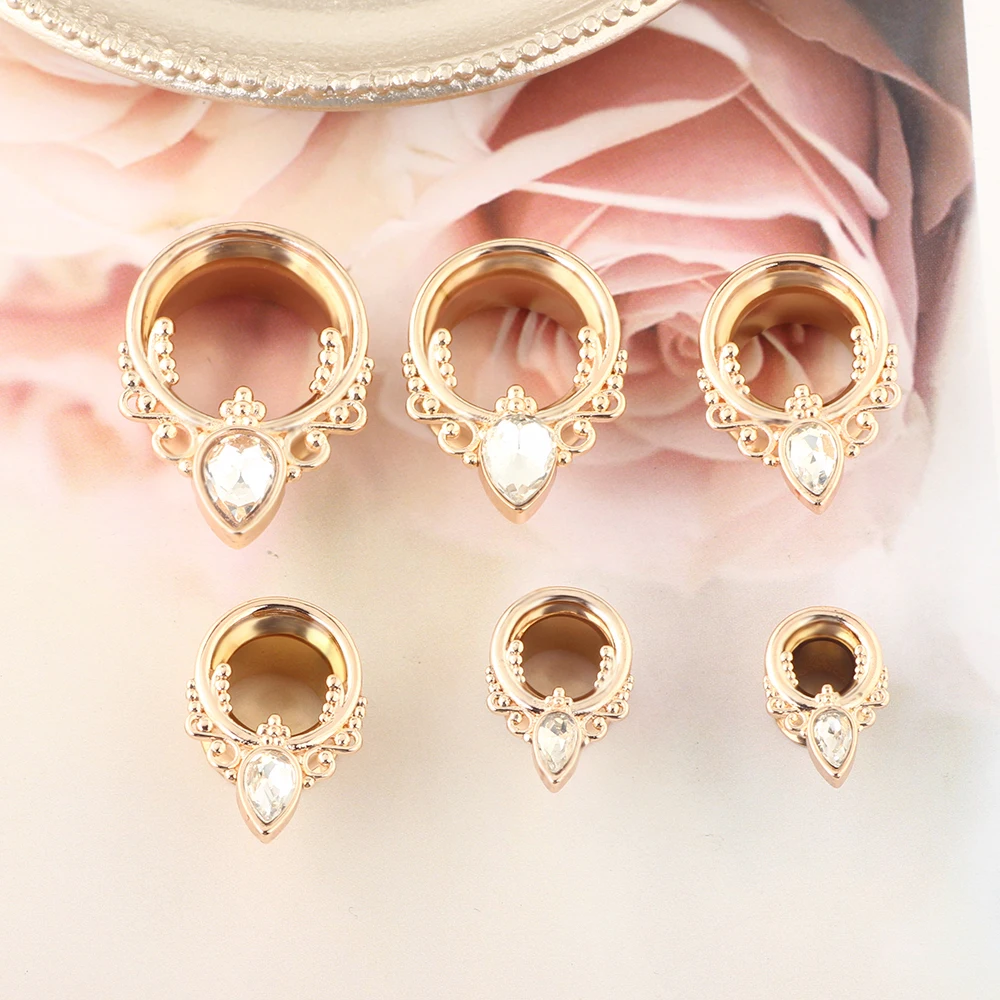 CZ crystal ear tunnels and plugs double flare ear piercing plugs gauges stretcher expander kit wholesales 6-16mm rose gold