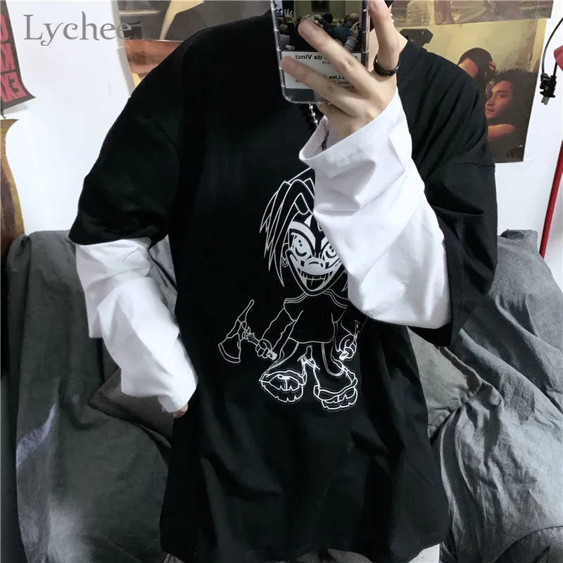 Lychee Harajuku, женская футболка с мультяшным персонажем, топ, футболка, поддельные, 2 штуки, женские футболки, топы, футболки, лоскутные, с круглым вырезом, женские футболки