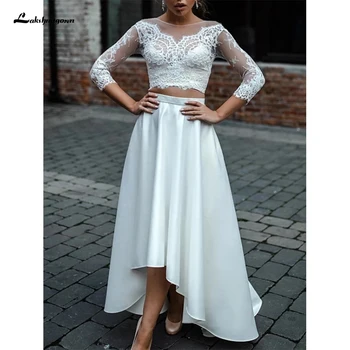 

Two Piece A-Line Wedding Dresses 2020 Jewel Neck Asymmetrical Lace Satin Beach Boho Sexy See-Through Bridal gowns