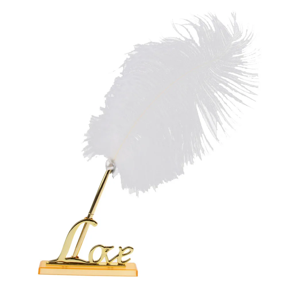 Fashion White Feather Signing Pen Gold Tone Love Words Wedding Party Signature Pen w/ Holder