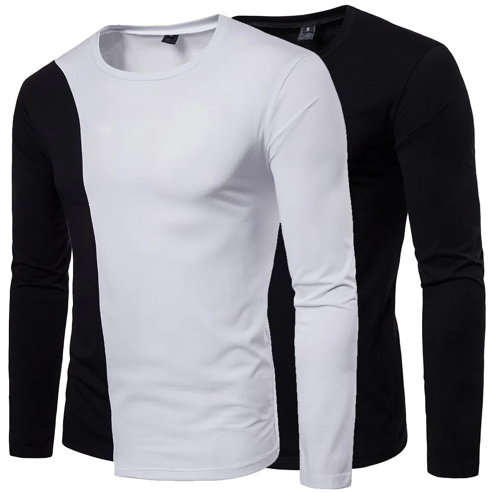 

Men's Autumn Winter Casual Round Neck Solid Color Stitching Pattern Long Sleeve Top Men's Long Sleeve T-Shirt