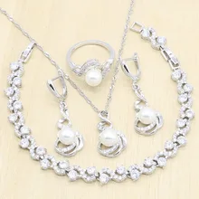 Белый жемчуг 925 Серебряные Ювелирные наборы для женщин браслет ожерелье кулон серьги кольцо подарок для свадьбы дня рождения