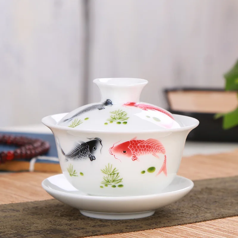 High grade white porcelain Gaiwan ceramic tea set Sancai cover bowl blue and white tea set bowl 150ml