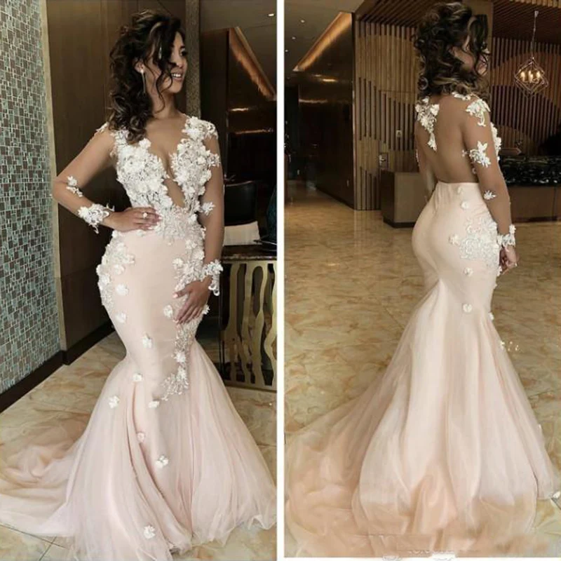 Новая мода Русалка Вечерние платья с длинным рукавом robe de soiree аппликация кружево вечернее женское платье Illusion abendkleider