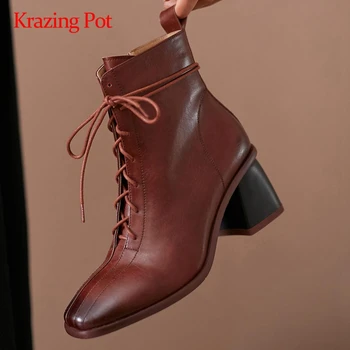 

Krazing pot 2020 hot sale large size gentlewomen vintage square toe thick high heel zipper pretty girls mature ankle boots L5f2