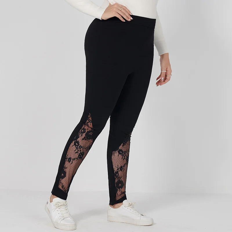 2021 New Women's Summer Legging Plus Size Black Hollow Floral Lace Patchwork Elastic Waist Stretchable Slim Sport Casual Pants |