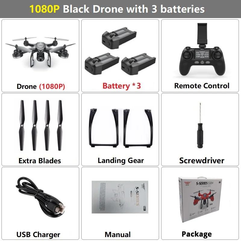 LAUMOX S30W gps Дрон динамический слежение с 1080P HD камера WiFi FPV RC Дрон Профессиональный Квадрокоптер вертолет Дрон VS S70W E58 - Цвет: Set9 1080P Black 3B