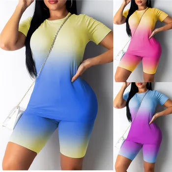 

Brand New Women Gradient Color Two Piece Set Summer T-Shirts Top+ Shorts Pants For Women Casual Homewear Tracksuits Outfits