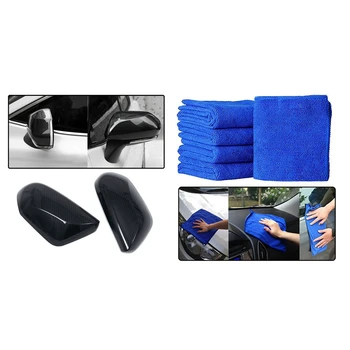 

20Pcs Absorbent Microfiber Towel Wash Cloth Blue with 2Pcs Car Black Carbon Fiber Side Door Mirror Cover Trim